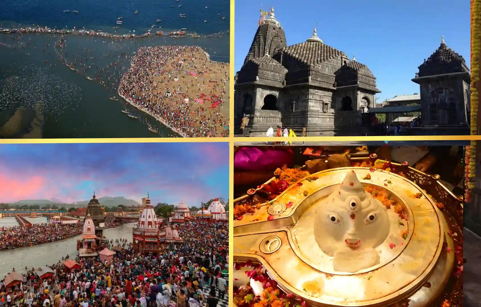 Triveni Sangam, Mangalnath Mahadev Temple, Ganga Ghat, Shri Trimbakeshwar Jyotirlinga Temple, Prayagraj, Ujjain, Haridwar, Nashik, Uttar Pradesh, Madhya Pradesh, Uttarakhand, Maharashtra