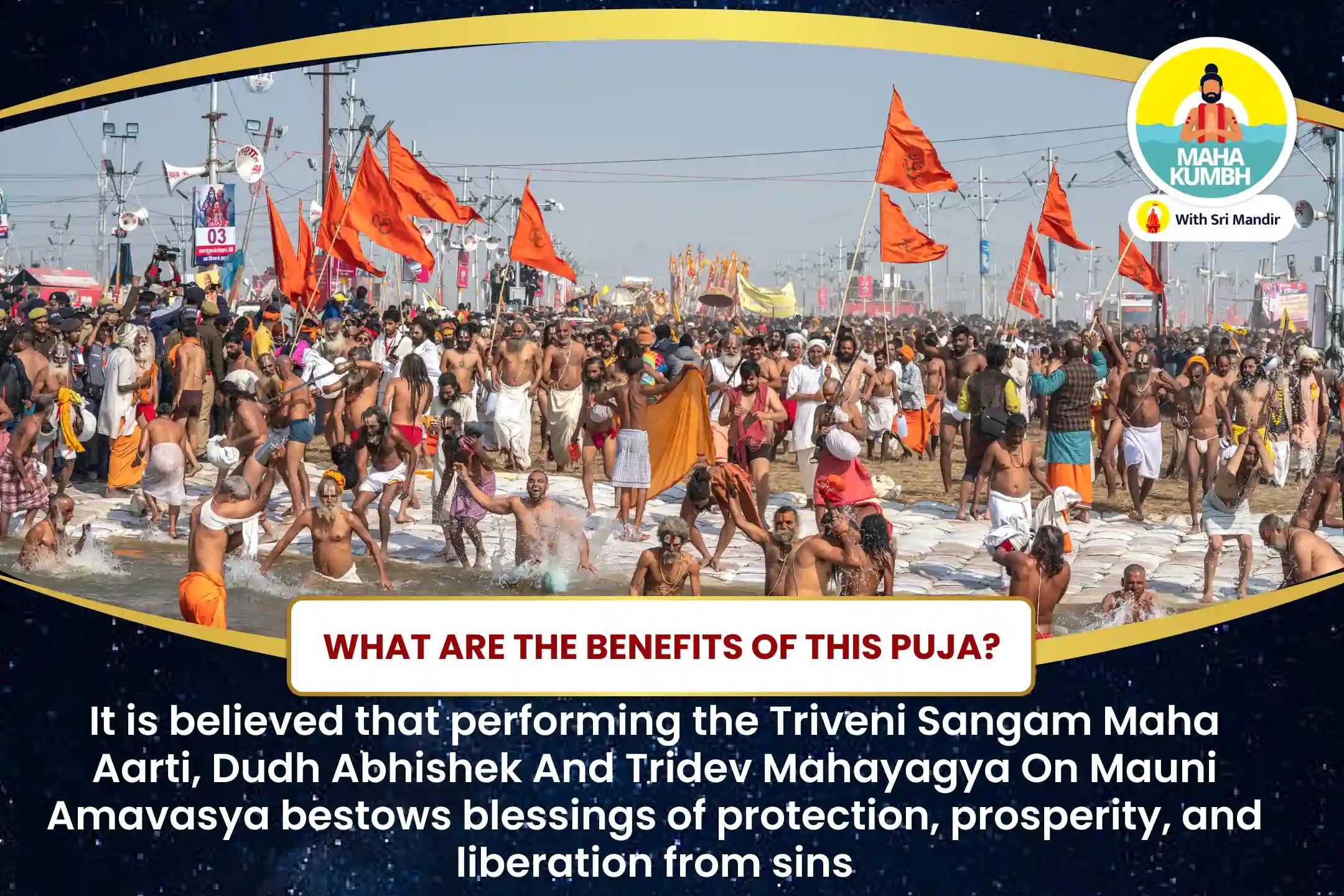 Mahakumbh Triveni Sangam Mauni Amavaysa Special Ganga, Yamuna, Saraswati Triveni Sangam Maha Aarti, Dudh Abhishek and Tridev Mahayagya for Blessings of Protection, Prosperity and Liberation from sins 