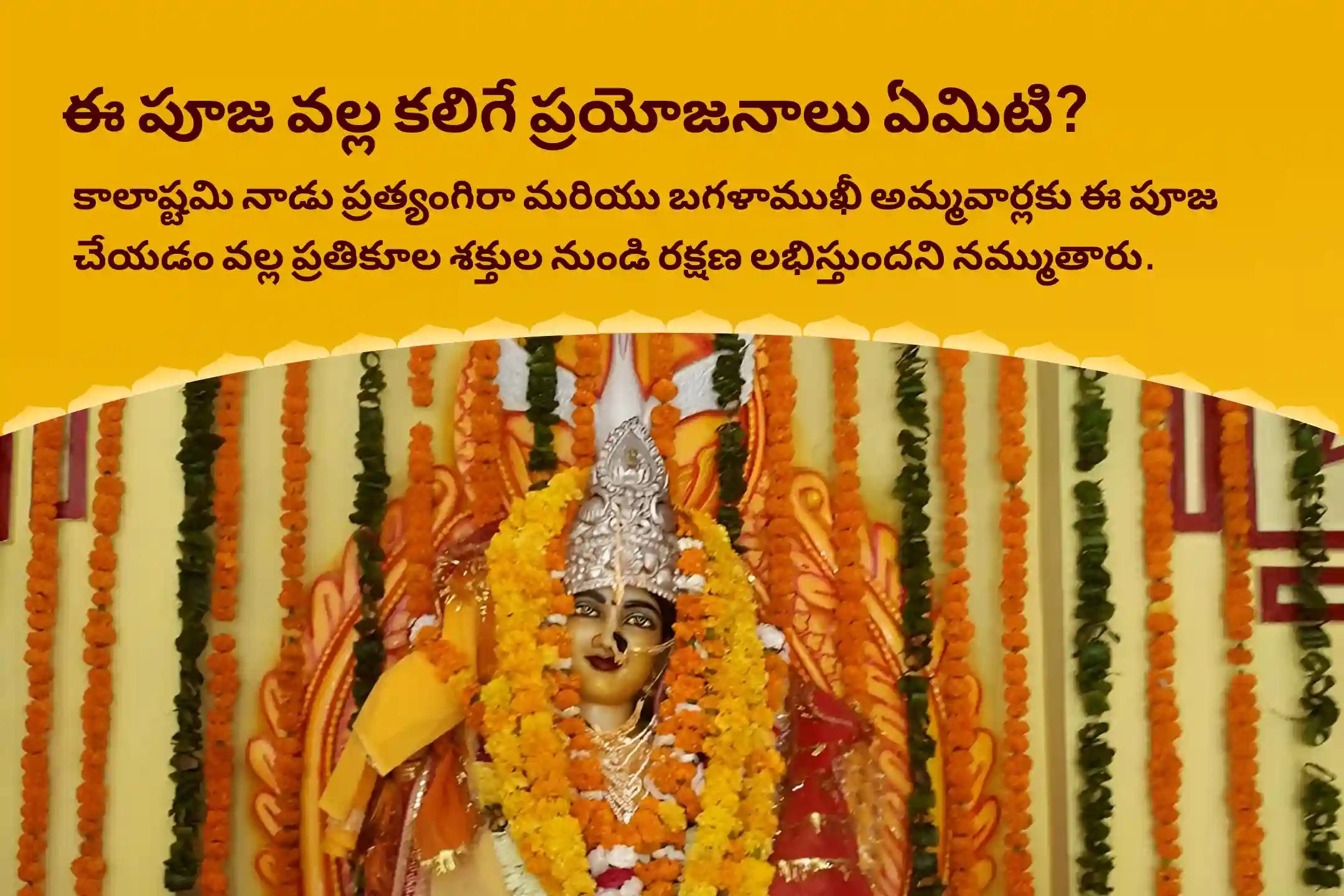 దేవి రక్షణ కోసం, ప్రతికూల శక్తులు మరియు వాటి ప్రభావాలను దూరం చేయడానికి కాలాష్టమి మహావిద్యా 36 బ్రాహ్మణ మహానుష్ఠానం 1,25,000 బగళాముఖీ మూల మంత్ర జపం, బగళాముఖీ-ప్రత్యంగిరా కవచ పారాయణం, మరియు హోమంలో పాల్గొనండి.