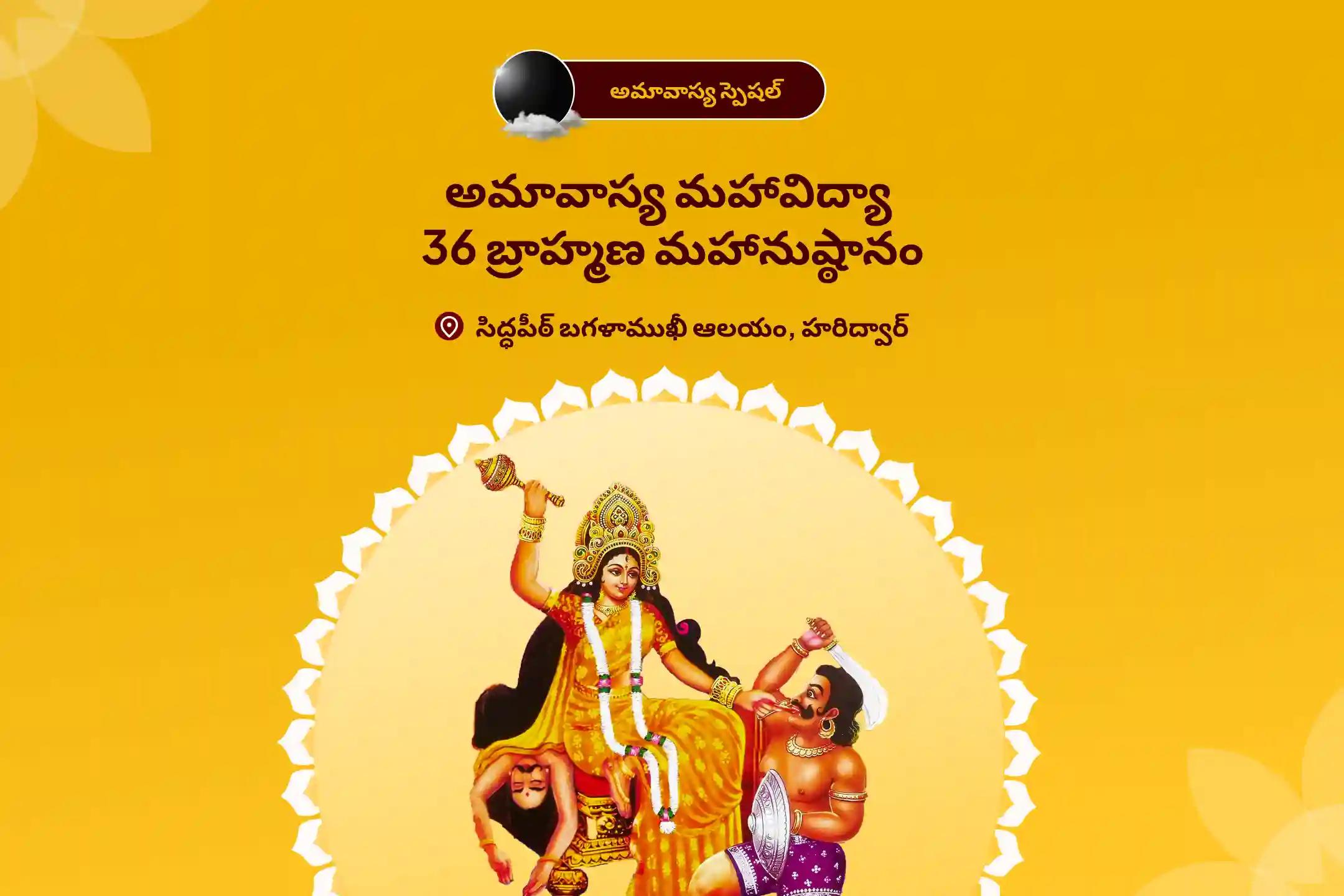 దేవి రక్షణ కోసం, ప్రతికూల శక్తులు మరియు వాటి ప్రభావాలను దూరం చేయడానికి అమావాస్య మహావిద్యా 36 బ్రాహ్మణ మహానుష్ఠానం 1,25,000 బగళాముఖీ మూల మంత్ర జపం, బగళాముఖీ-ప్రత్యంగిరా కవచ పారాయణం, మరియు హోమంలో పాల్గొనండి.