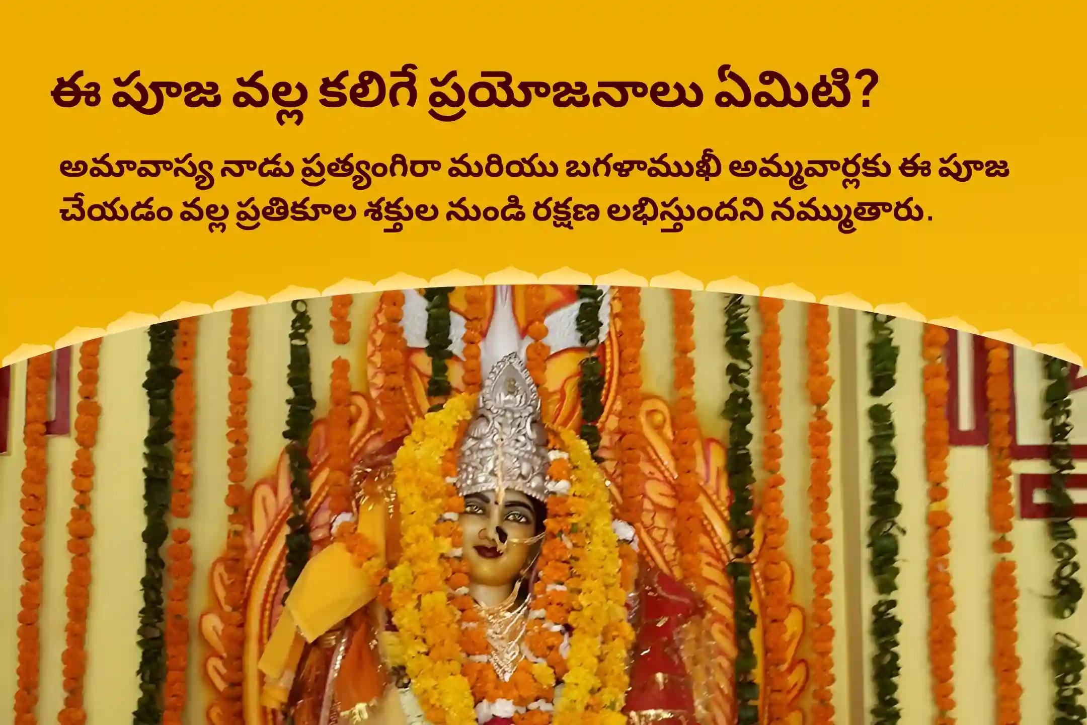 దేవి రక్షణ కోసం, ప్రతికూల శక్తులు మరియు వాటి ప్రభావాలను దూరం చేయడానికి అమావాస్య మహావిద్యా 36 బ్రాహ్మణ మహానుష్ఠానం 1,25,000 బగళాముఖీ మూల మంత్ర జపం, బగళాముఖీ-ప్రత్యంగిరా కవచ పారాయణం, మరియు హోమంలో పాల్గొనండి.
