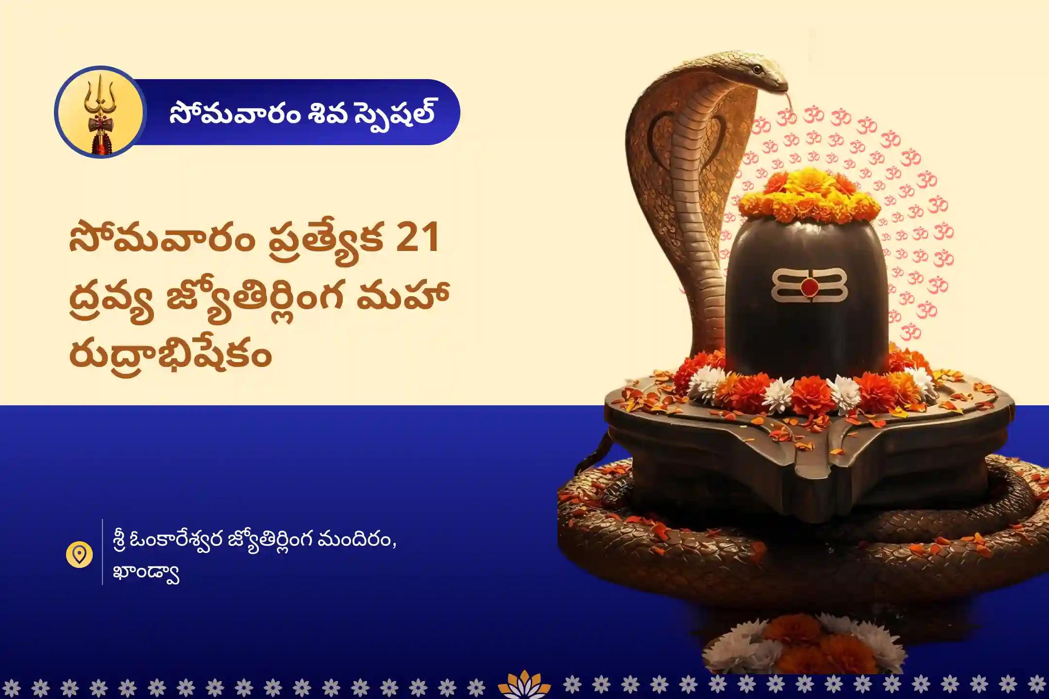 ఆరోగ్యం, సంపద, శ్రేయస్సు మరియు ఆటంకాల నివారణకై ఆశీస్సుల కోసం సోమవారం ప్రత్యేక 21 ద్రవ్య జ్యోతిర్లింగ మహా రుద్రాభిషేకం మరియు 1,00,008 శివ పంచాక్షరి మంత్ర జపంలో పాల్గొనండి.