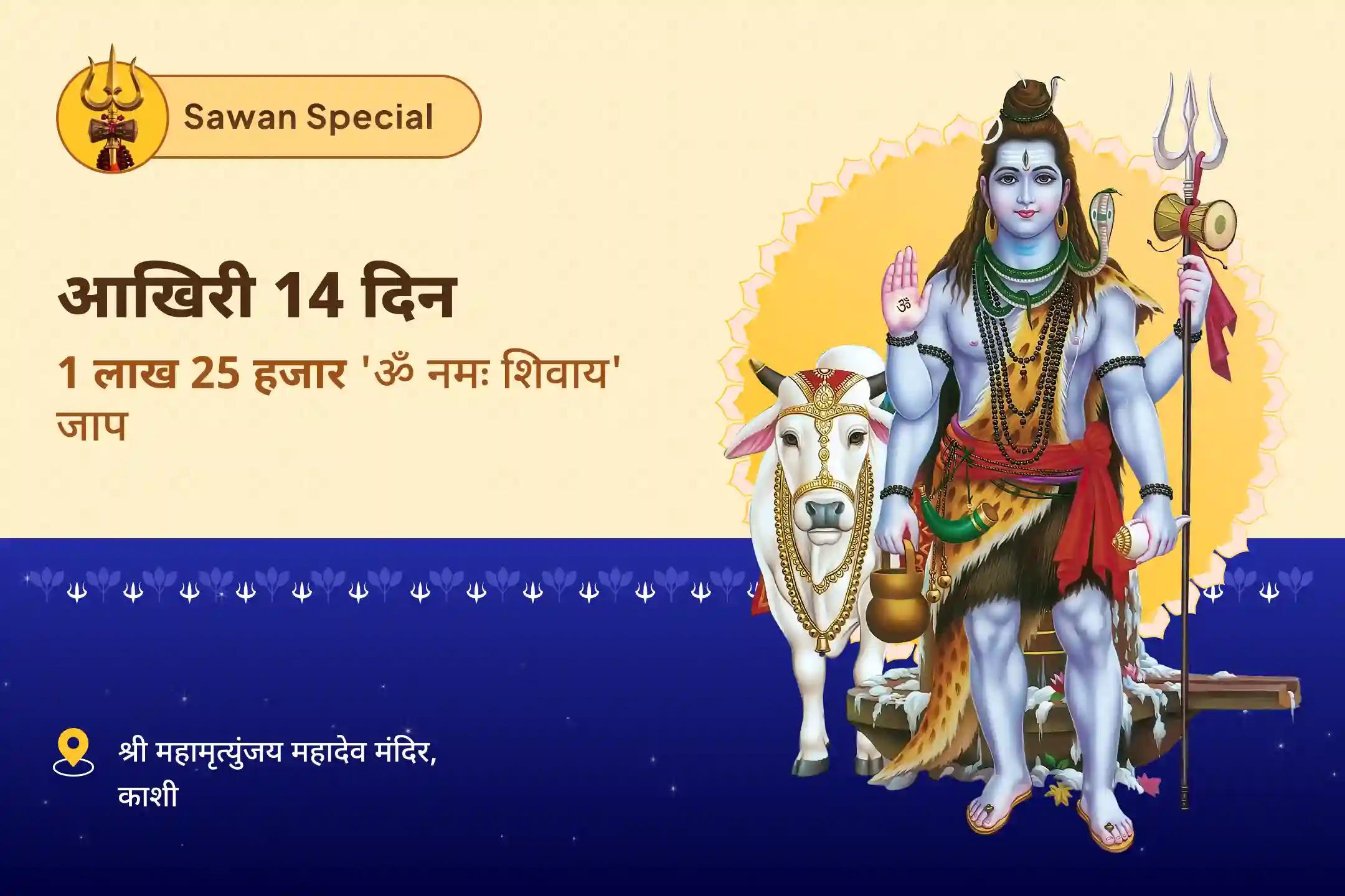 जीवन के सभी पहलुओं में शांति, आत्मविश्वास और विकास के लिए शिव का आशीर्वाद लें सावन विशेष - आखिरी 14 दिवसीय पूजा 14 दिन प्रतिदिन - 1 लाख 25 हज़ार शिव पंचाक्षरी मंत्र जाप और हवन
