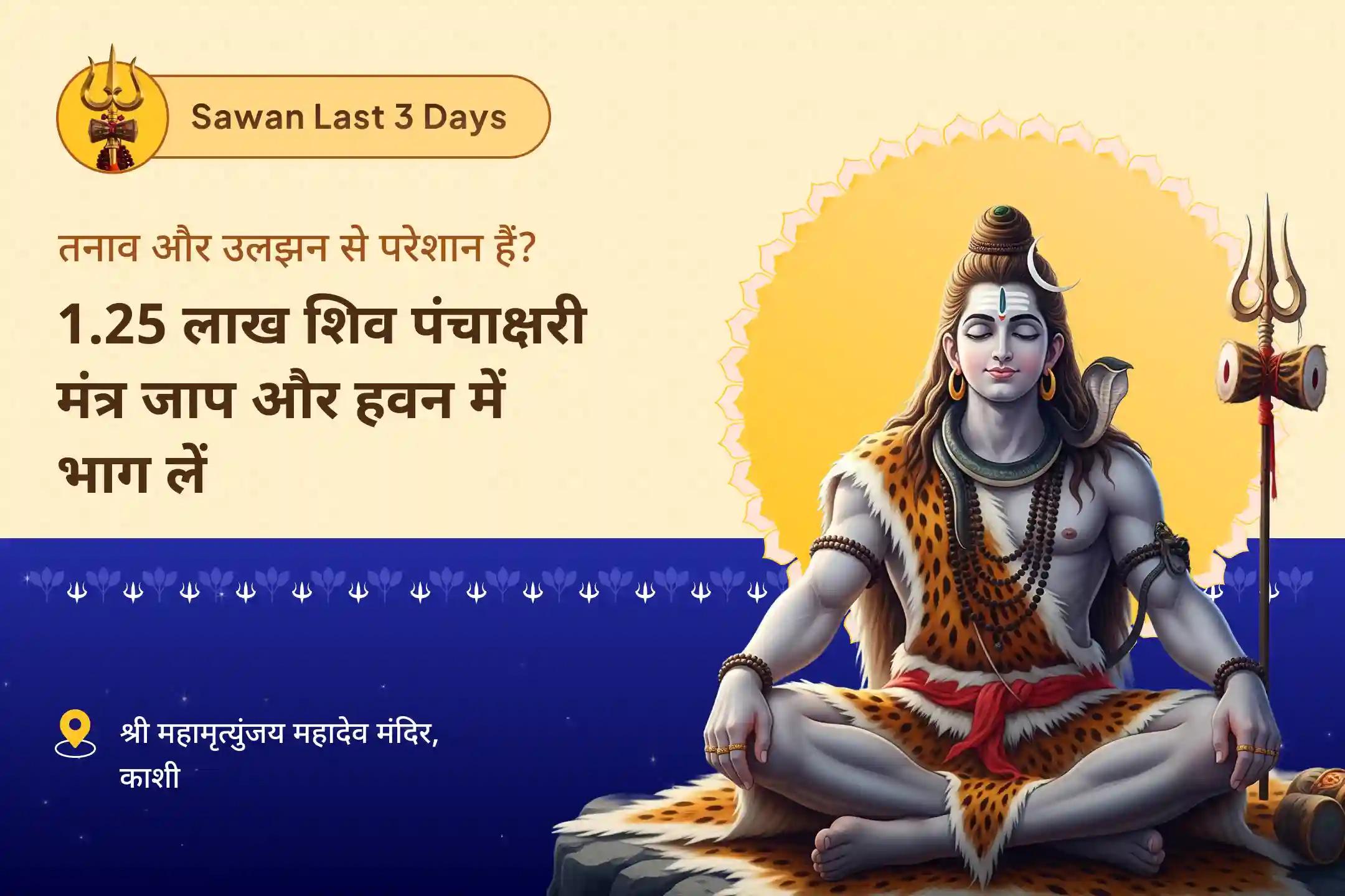 जीवन के सभी पहलुओं में शांति, आत्मविश्वास और विकास के लिए शिव का आशीर्वाद लें सावन विशेष - अंतिम 3 दिन की पूजा 3 दिन प्रतिदिन - 1 लाख 25 हज़ार शिव पंचाक्षरी मंत्र जाप और हवन