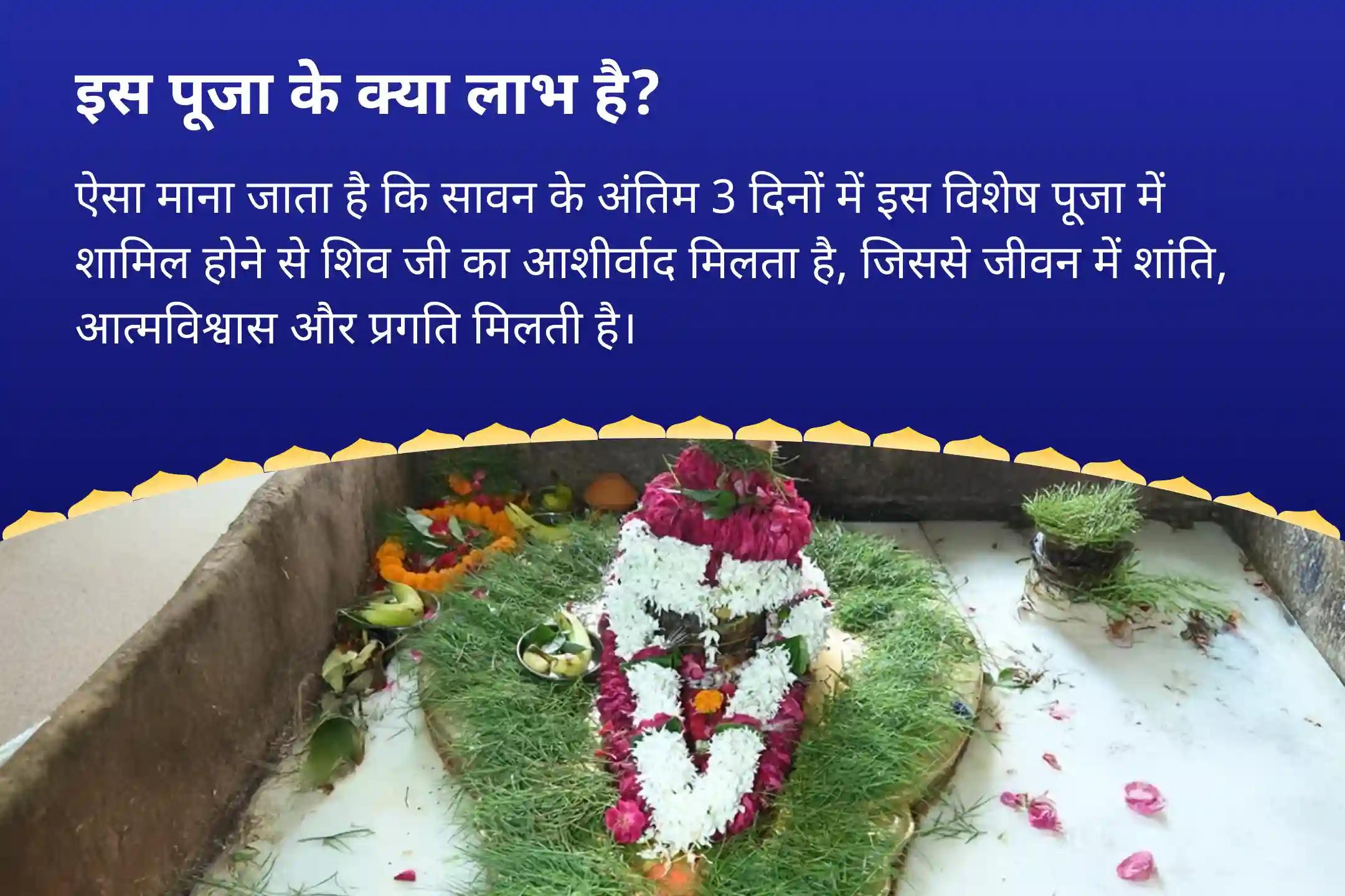 जीवन के सभी पहलुओं में शांति, आत्मविश्वास और विकास के लिए शिव का आशीर्वाद लें सावन विशेष - अंतिम 3 दिन की पूजा 3 दिन प्रतिदिन - 1 लाख 25 हज़ार शिव पंचाक्षरी मंत्र जाप और हवन