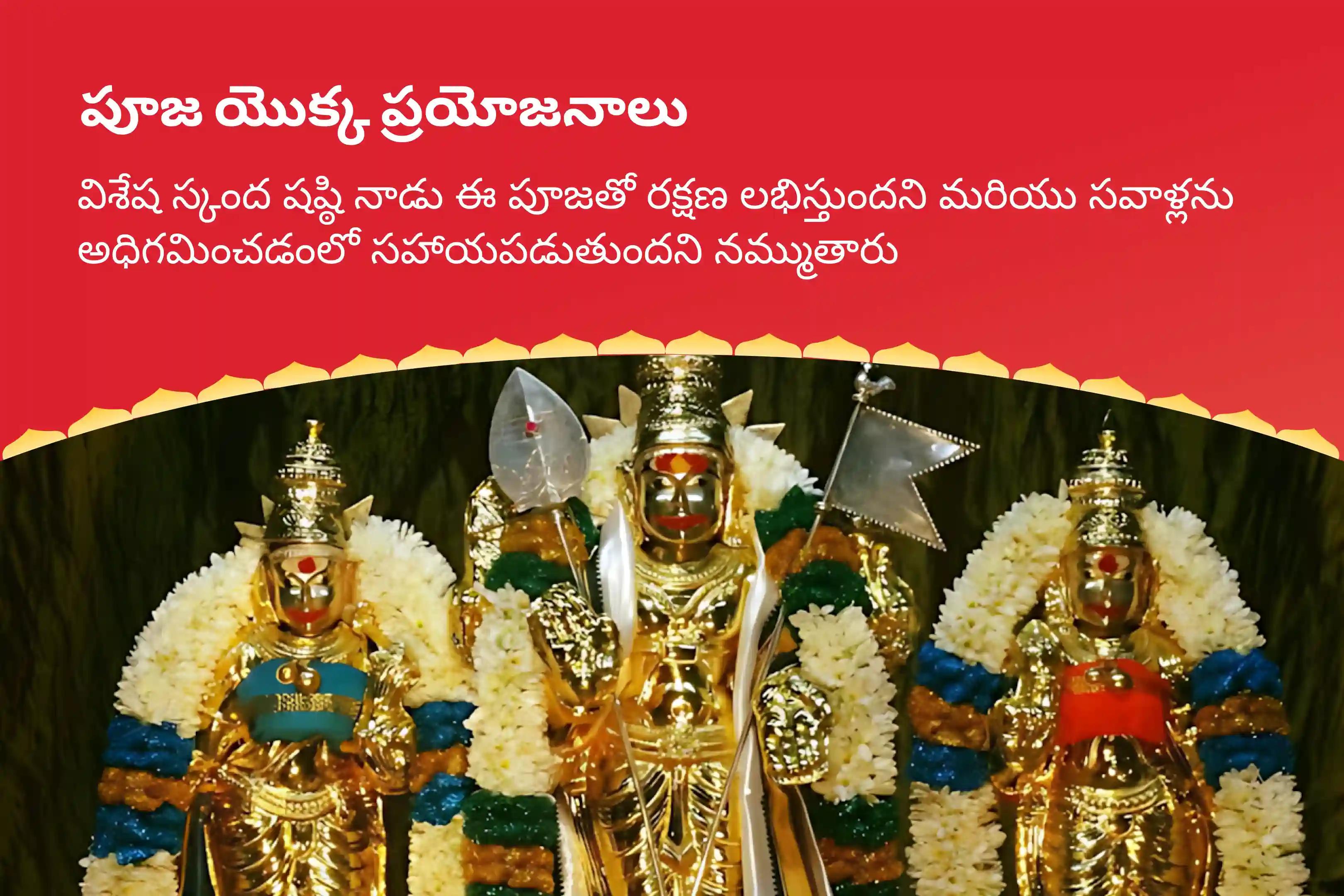 శత్రువులను ఓడించటకు, ధైర్యం మరియు శ్రీ సుబ్రహ్మణ్య స్వామి వారి రక్షణ పొందుటకు స్కంద షష్ఠి 6 రోజుల సుబ్రహ్మణ్య అర్చన స్పెషల్ 6 రోజుల పవిత్ర వేల్ అర్చన, భస్మ అర్చన, మరియు శత్రు సంహార త్రిశతి హోమంలో పాల్గొనండి.