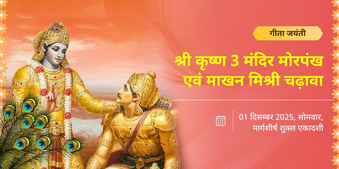 गीता जयंती वृंदावन श्री कृष्ण 3 मंदिर मोरपंख एवं माखन-मिश्री चढ़ावा