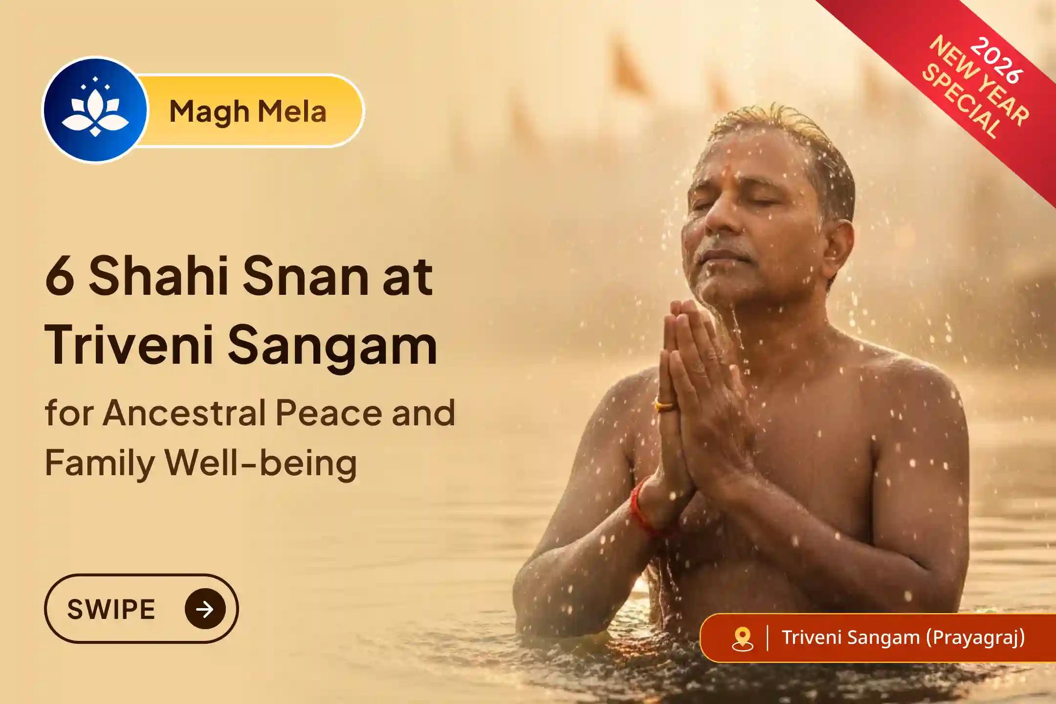A rare opportunity to experience the same divine power as the Maha Kumbh through 6 shahi snan puja at Triveni Sangam during Magh Mela. 🔱 🪔