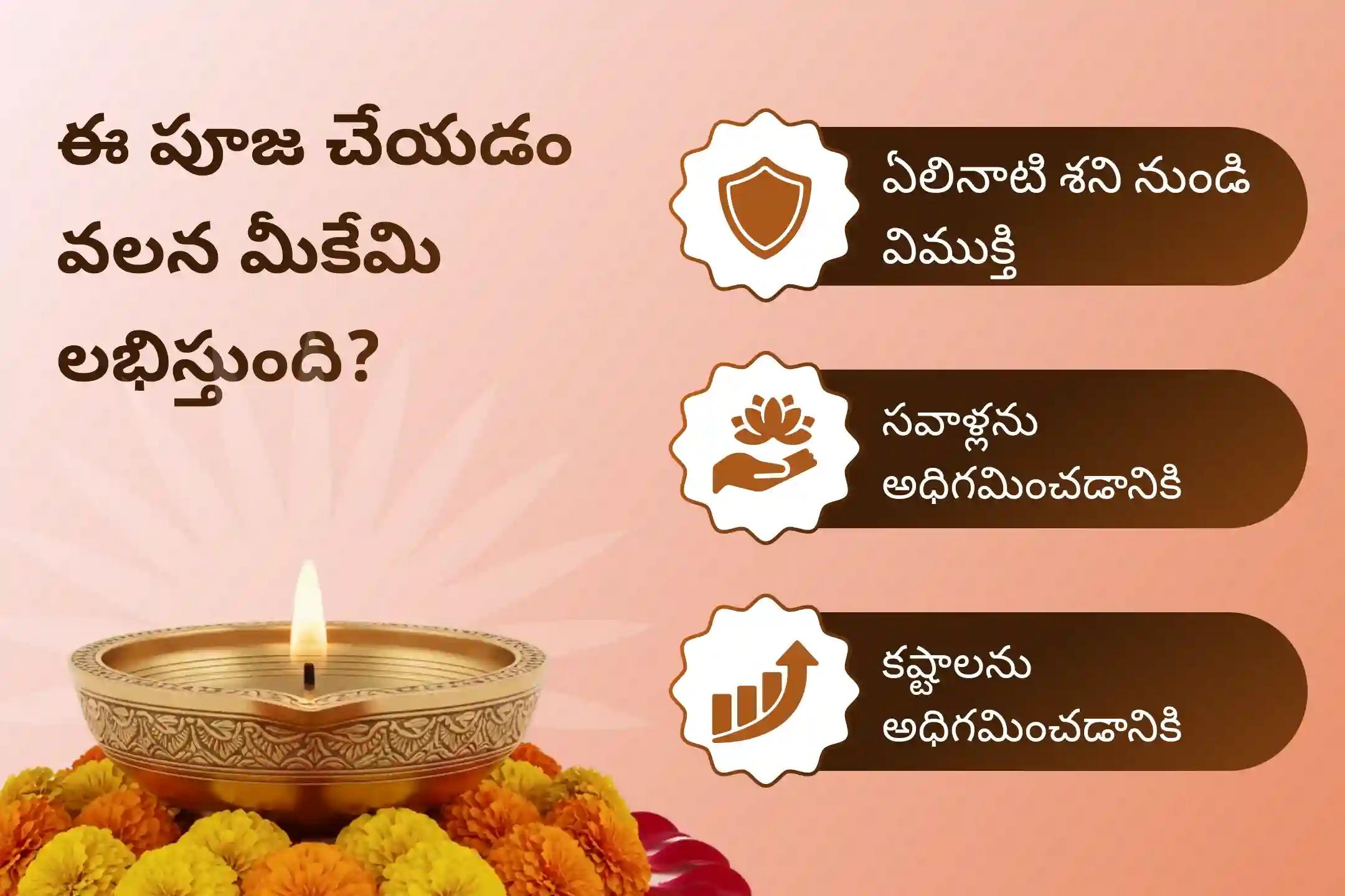 ఏలినాటి శని మరియు శని మహాదశ నుండి ఉపశమనం పొందడానికి శని త్రయోదశి - ఏలినాటి శని ప్రత్యేక ఏలినాటి శని పీడ శాంతి మహాపూజ, శని తిల తైలాభిషేకం మరియు మహాదశ శాంతి మహాపూజలో పాల్గొనండి.