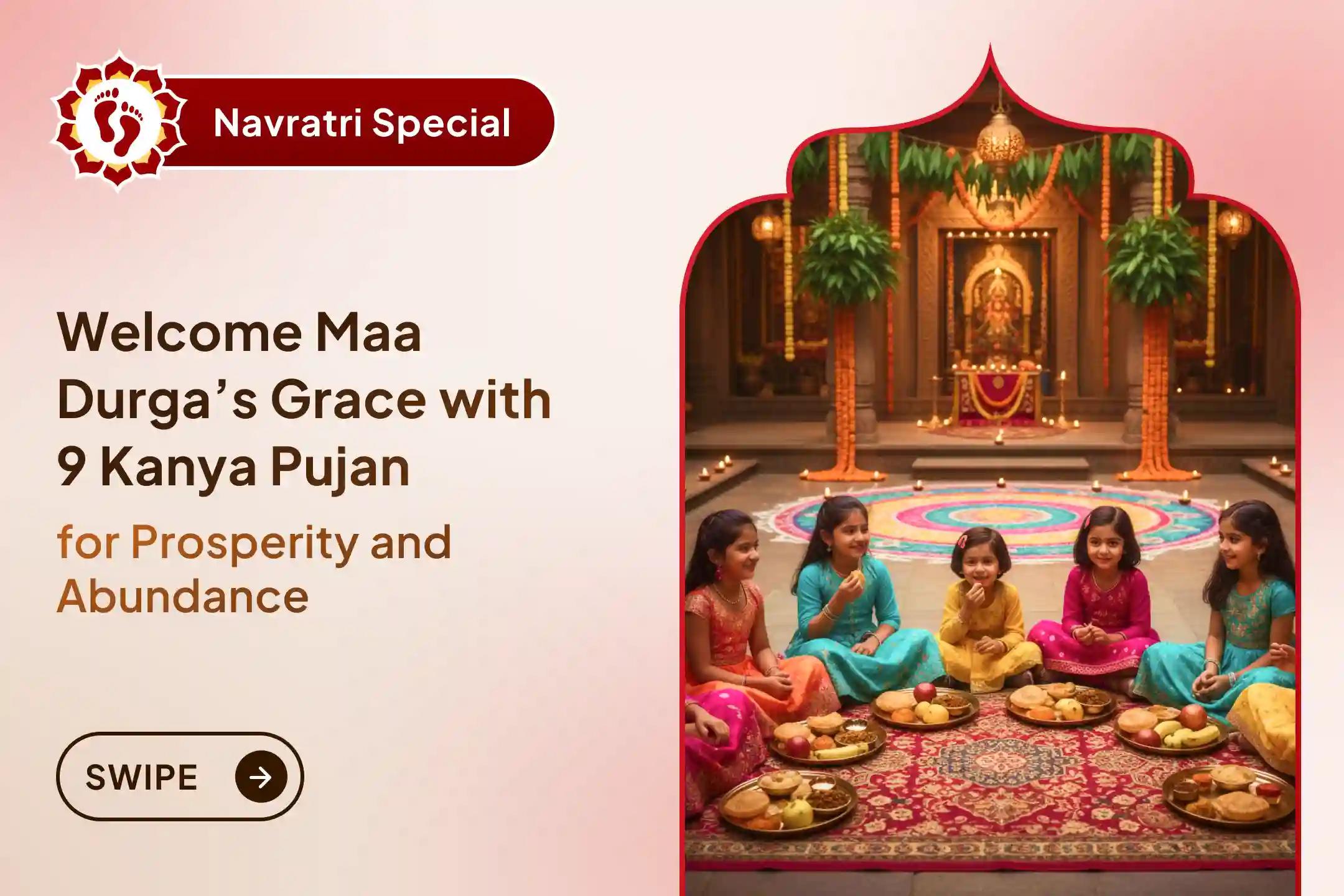 Celebrate Navratri with Nav Durga Path, daily 9 Kanya Puja, Bhojan, and Yagya, seeking happiness, prosperity, family blessings, abundance, and fulfillment of heartfelt wishes. ✨🙏🌺