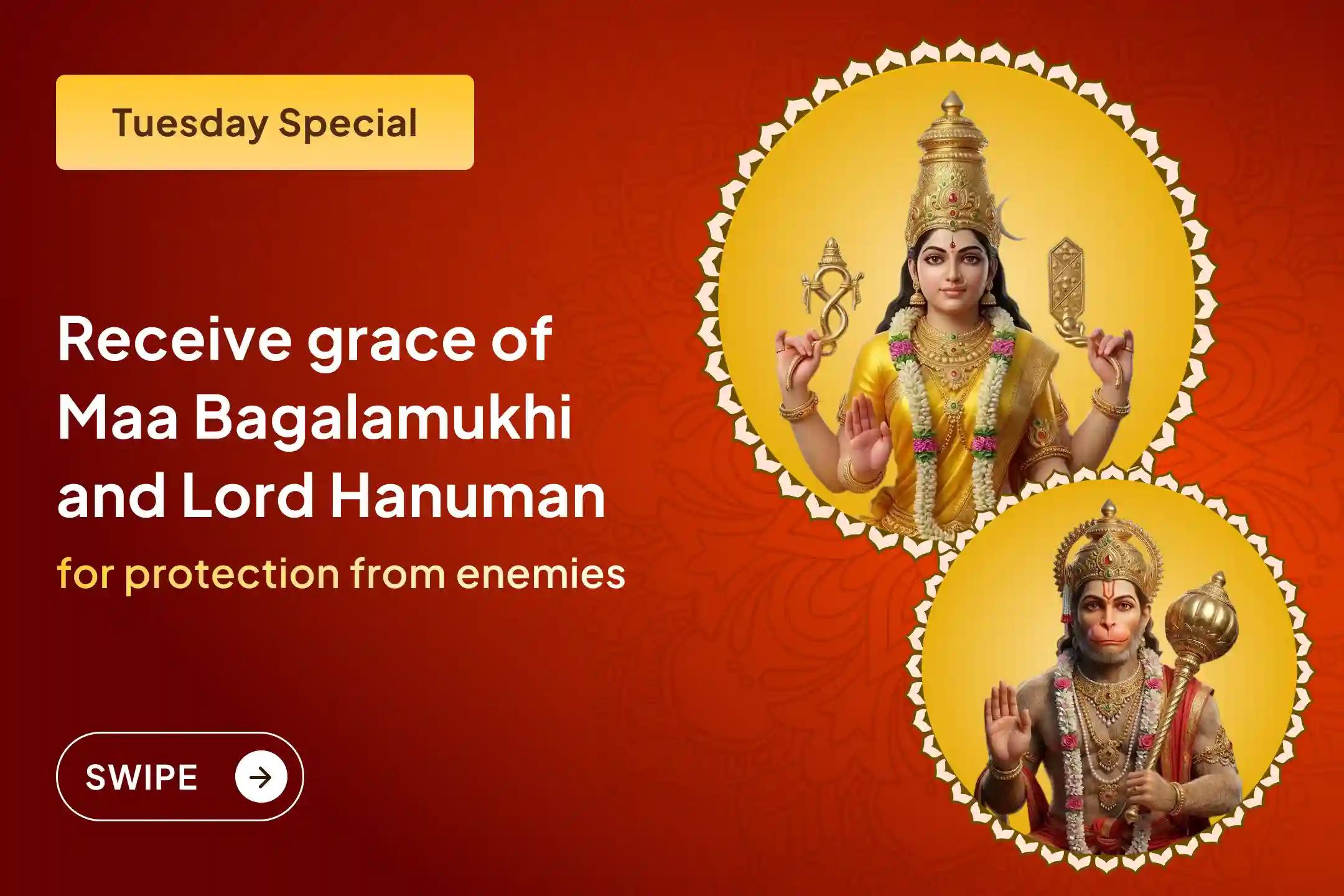 ✨ To safeguard yourself from rising negativity and the tactics of enemies, receive the combined grace of Maa Bagalamukhi and Lord Hanuman.