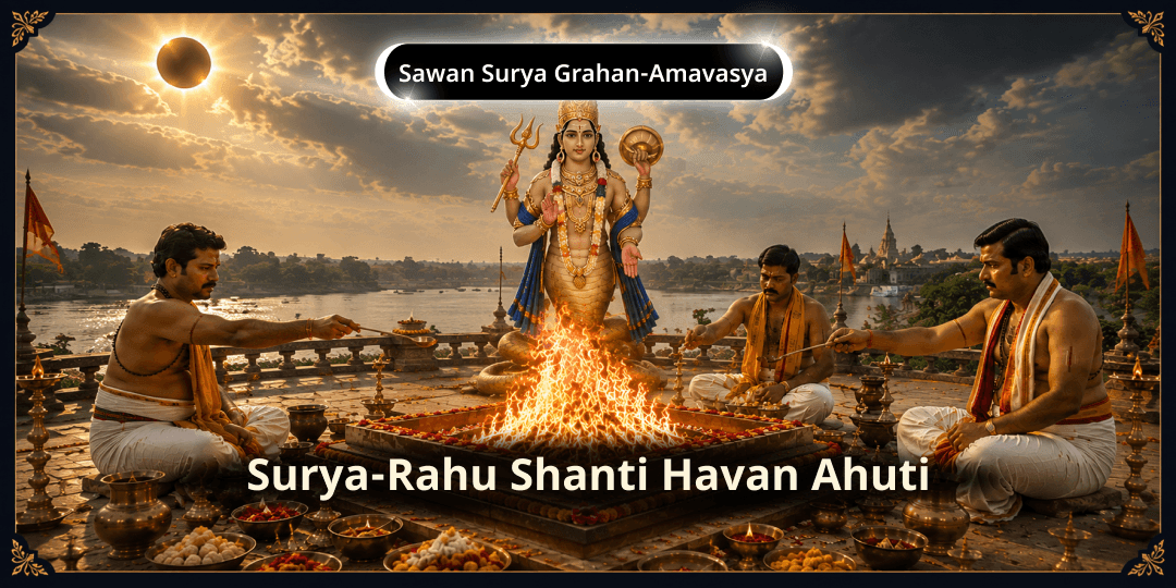 Rare Surya Grahan Amavasya in Sawan - Participate Now in the Simultaneous Surya-Rahu Shanti Havan Ahuti at 2 Sacred Temples! Rare Surya Grahan Amavasya in Sawan - Participate Now in the Simultaneous Surya-Rahu Shanti Havan Ahuti at 2 Sacred Temples!